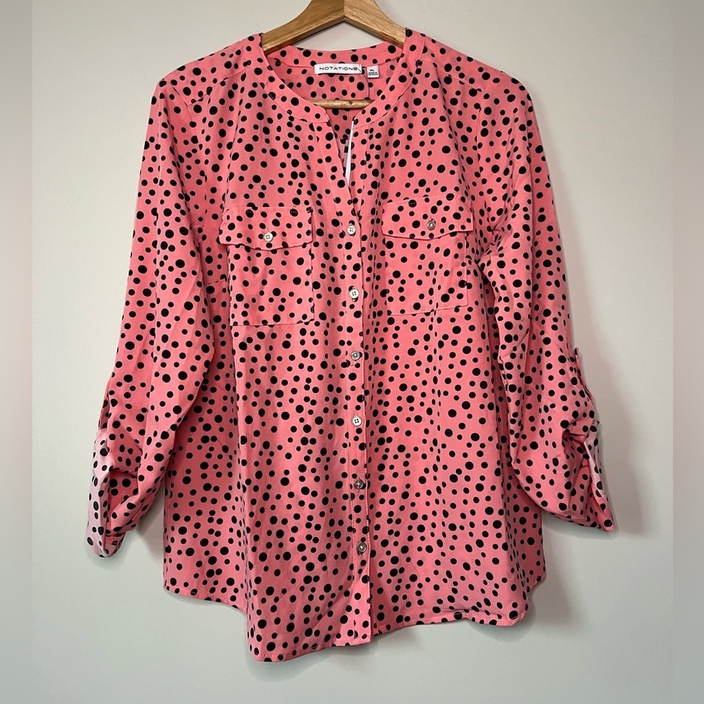Notations Petite 3/4 Sleeve Roll Tab Y Neck Blouse